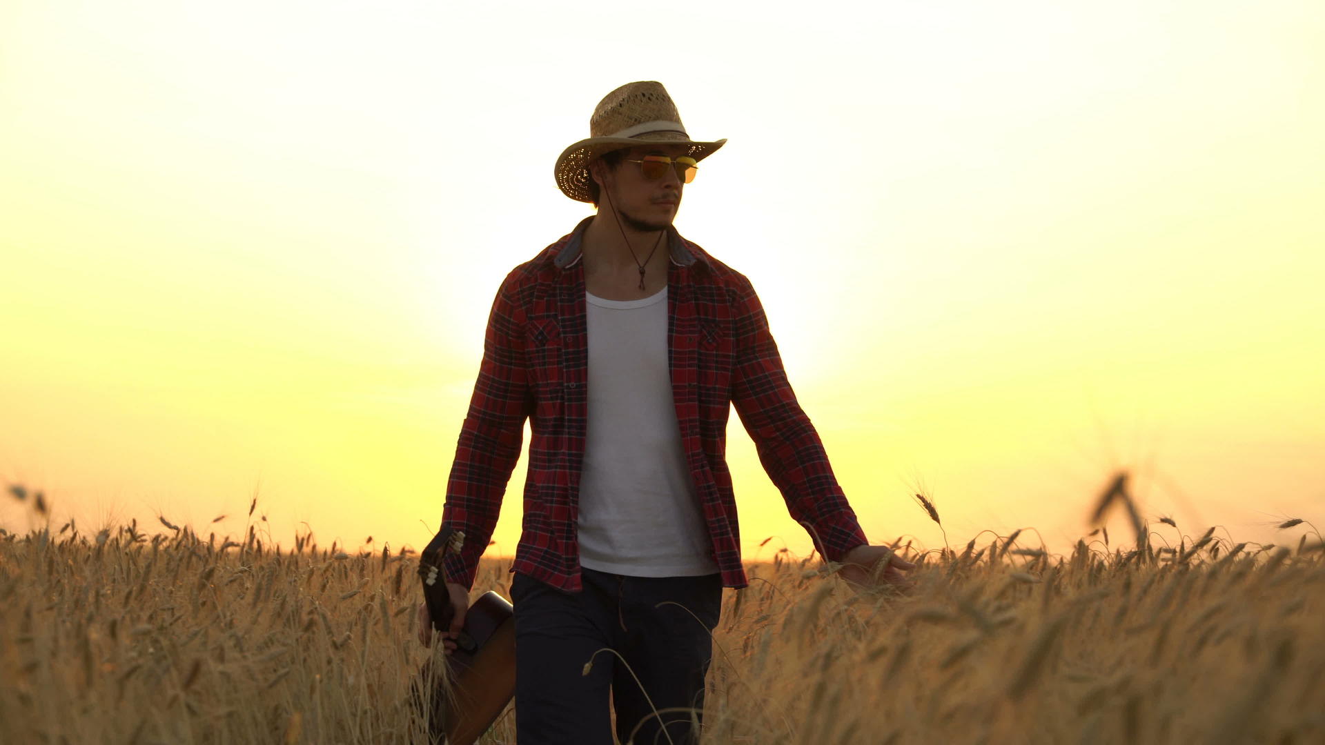 年轻人在日落的灯光下走在金色的麦田里带着弹吉他自由的概念视频的预览图