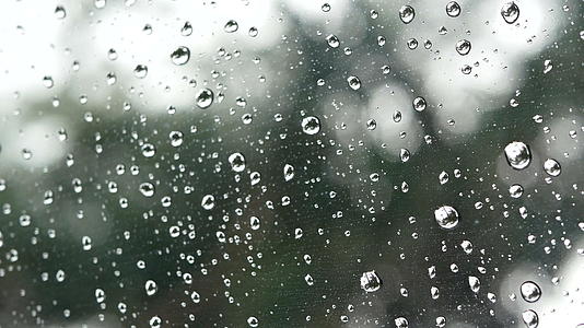 4k窗玻璃表面下雨背景上有绿树和绿树bokeh视频的预览图