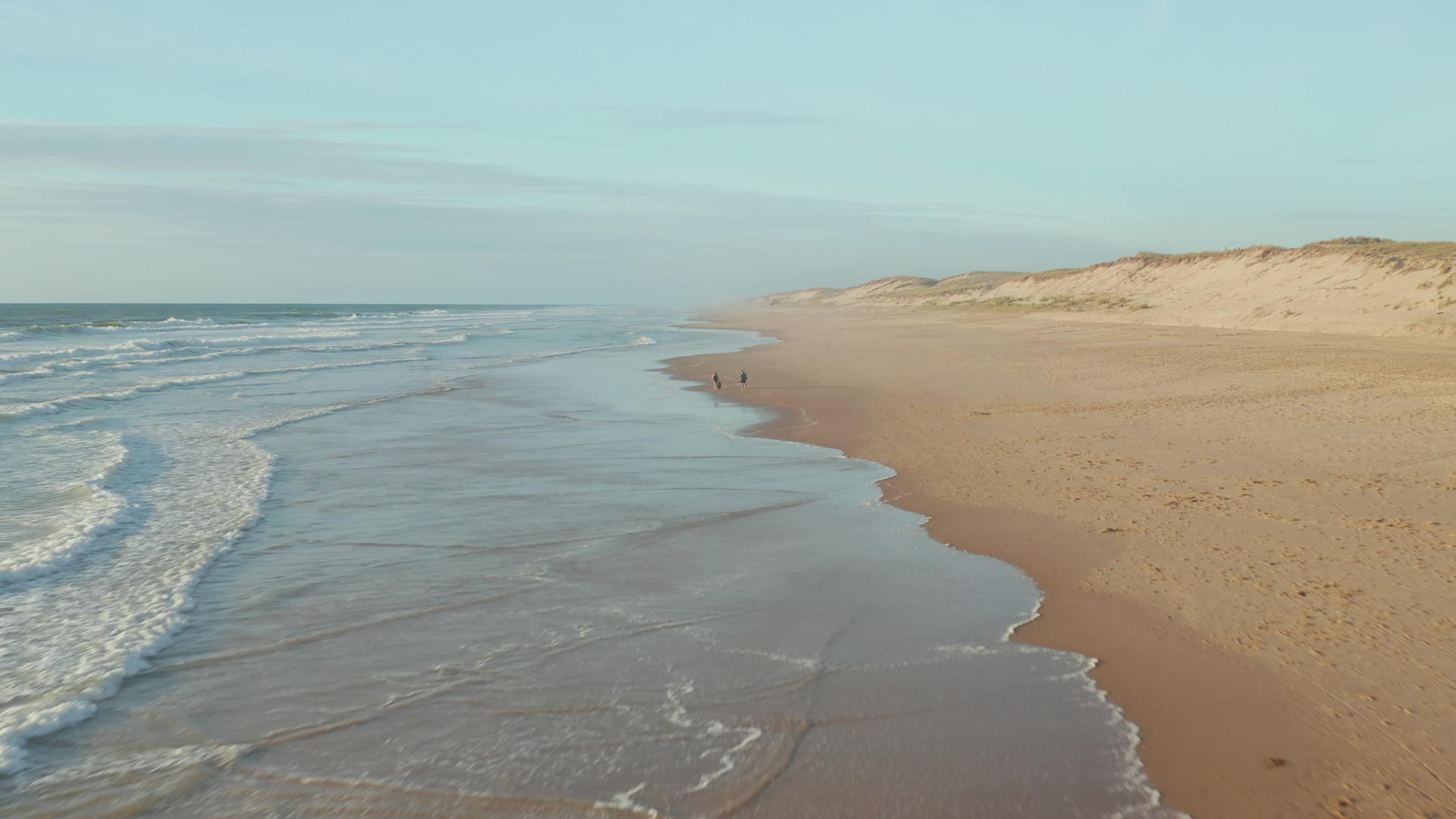 快乐浪漫的中年夫妇享受放松和日落在无尽的海滩上散步和狗视频的预览图