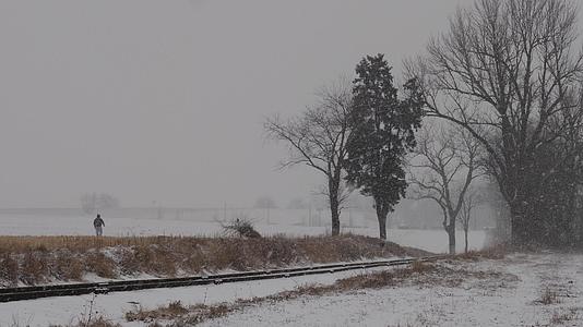 冬天的暴风雪和雪吹过农田铁路轨道和遛狗视频的预览图