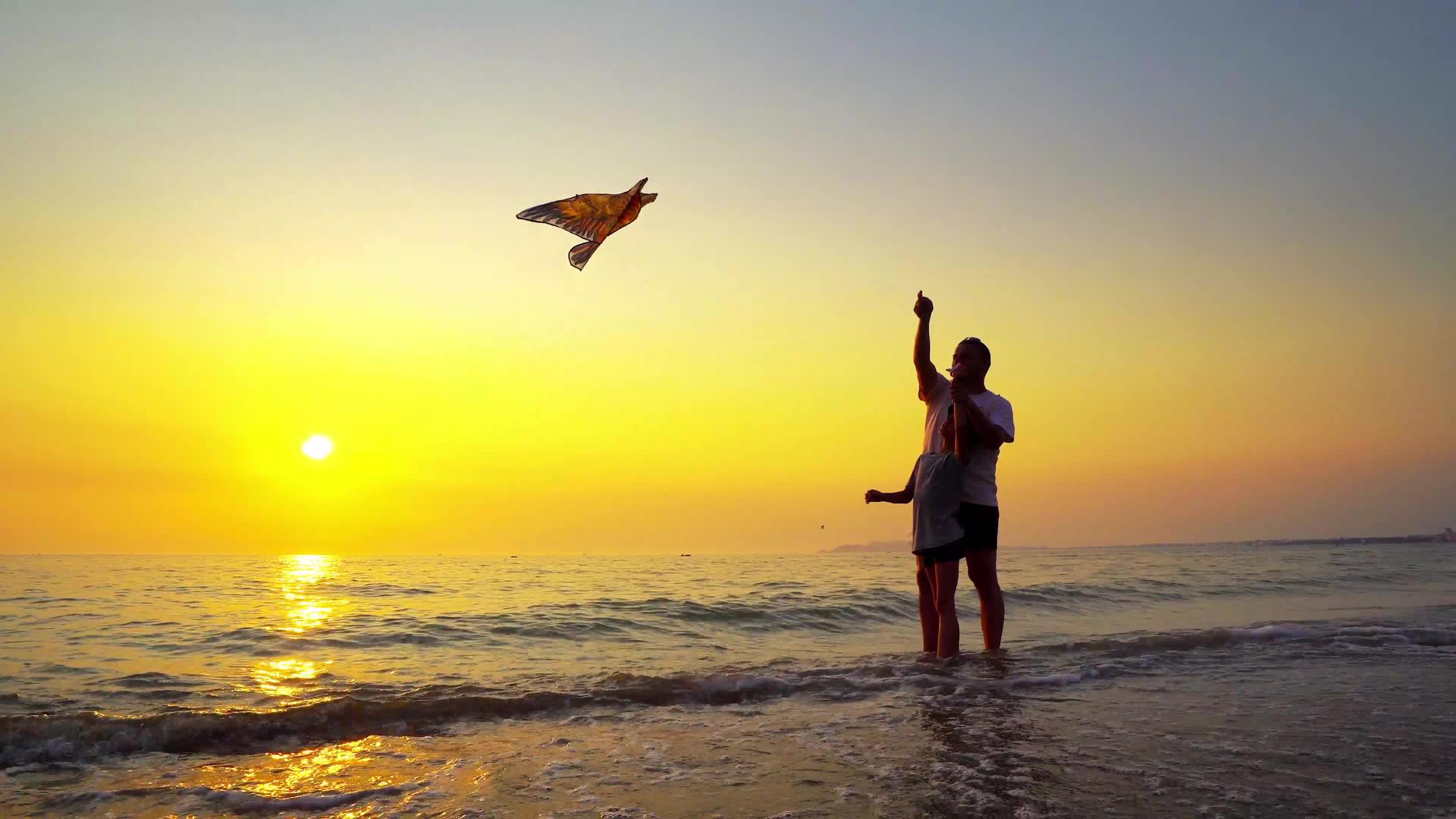 暑假期间家庭乐趣父亲和太阳在夕阳的海滩上飞舞视频的预览图