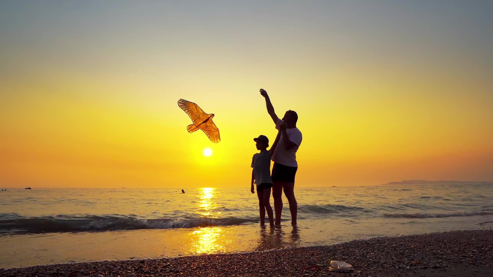 暑假期间家庭乐趣父亲和太阳在夕阳的海滩上飞舞视频的预览图
