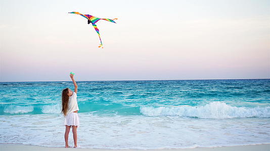 日落时在热带海滩放风筝的小女孩在海滩上玩耍视频的预览图