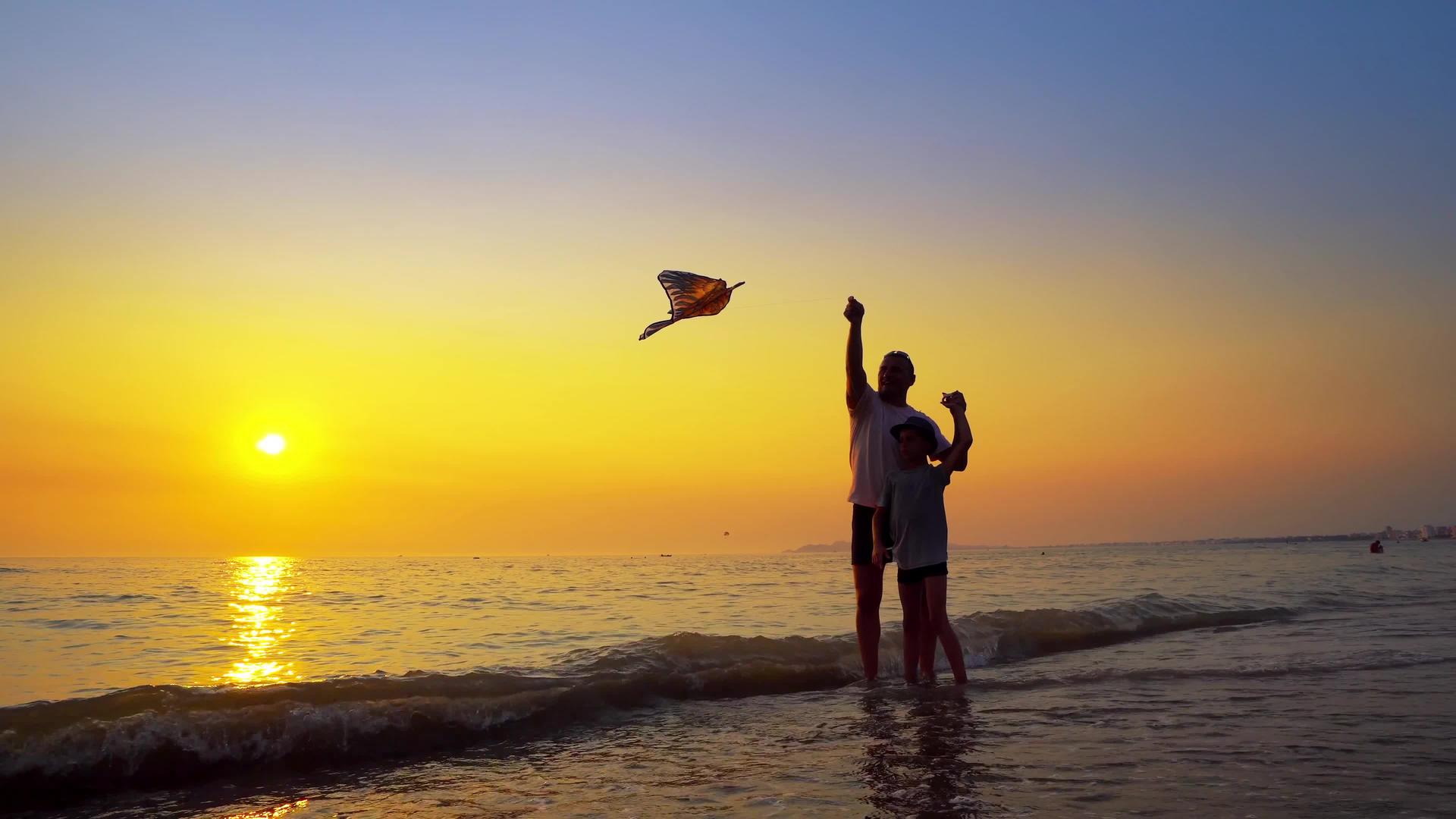一个小男孩和他的父亲在日落暑假的概念下玩风筝视频的预览图