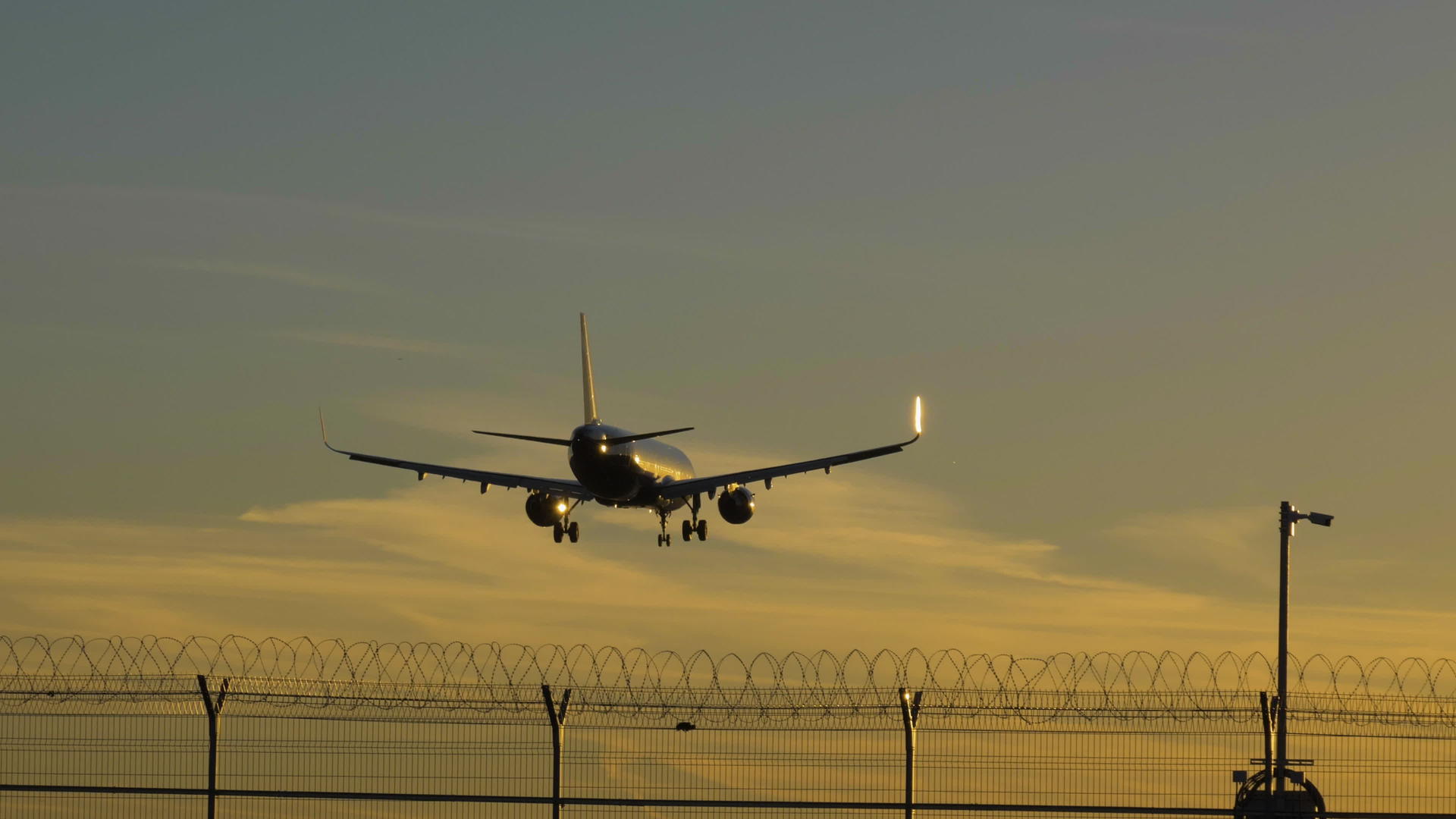 飞机在阳光和日落时在机场降落视频的预览图