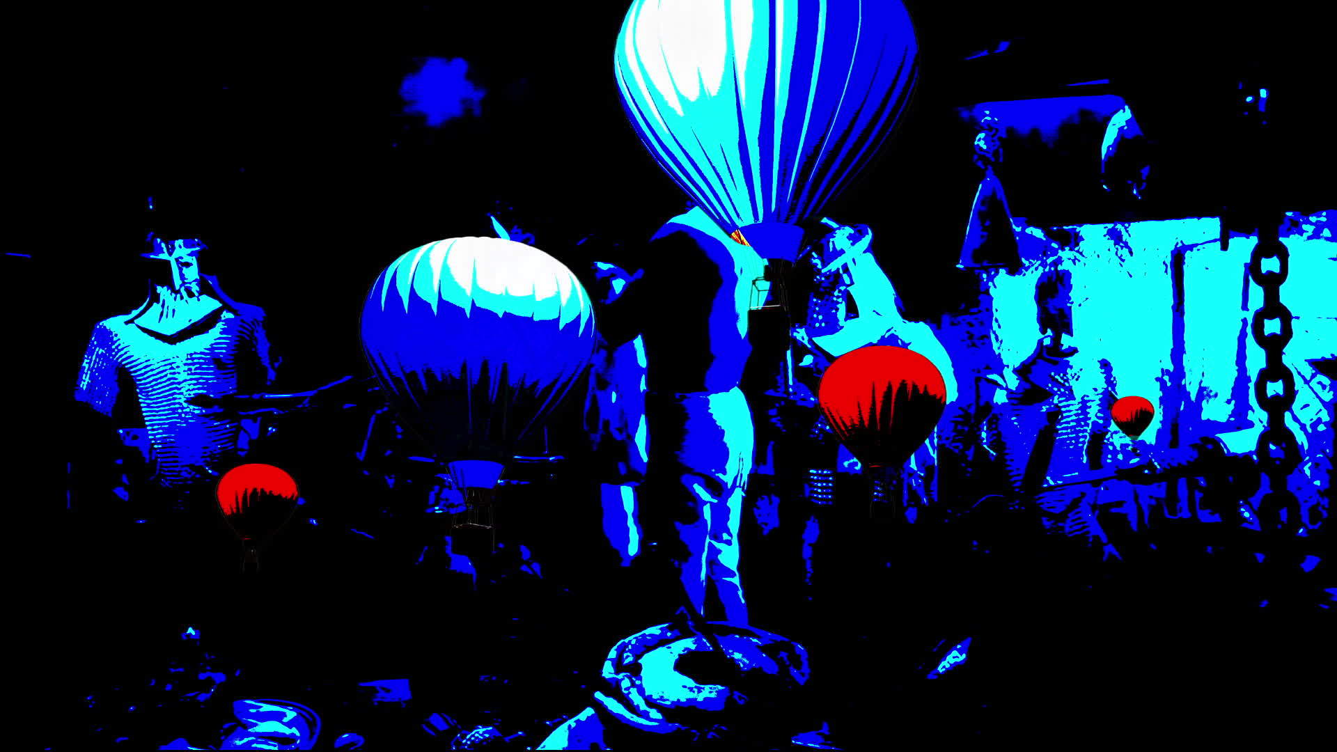 五颜六色的热气球在奇怪的背景下飞翔视频的预览图