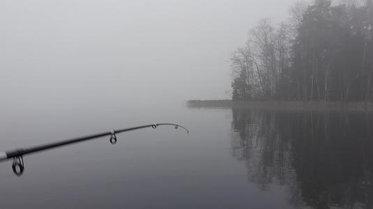 钓鱼棒在浓雾中引诱芬兰湖在岸边视频的预览图