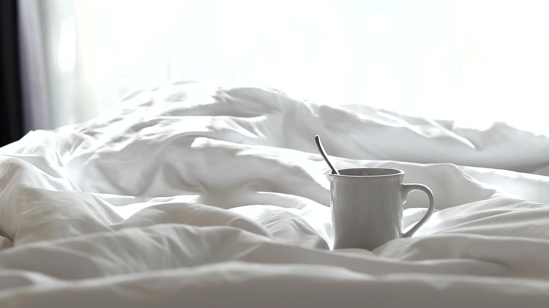 白色咖啡杯和烟从杯子里冒出来躺在床上阳光照亮了床上视频的预览图