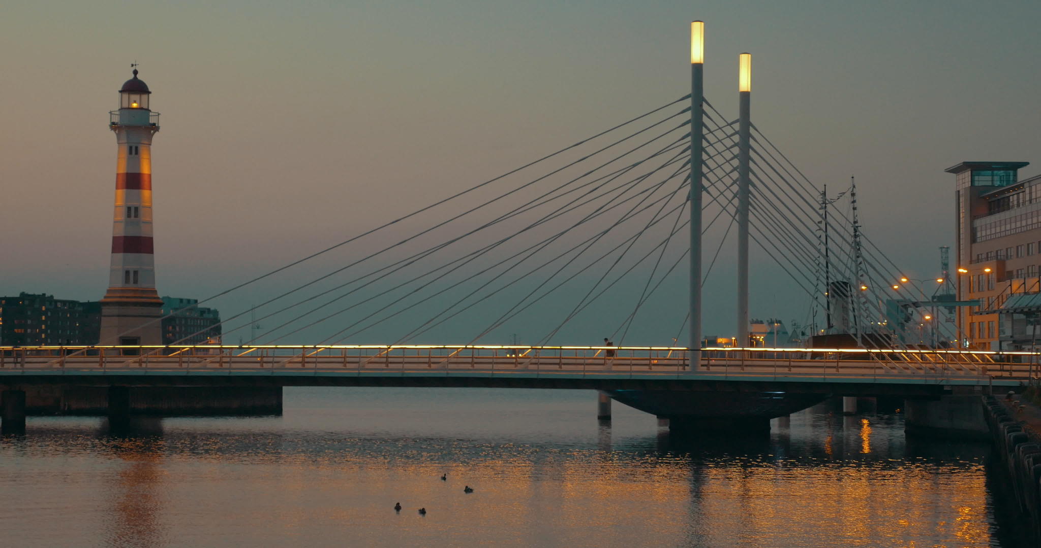 晚上有桥梁和灯塔视频的预览图