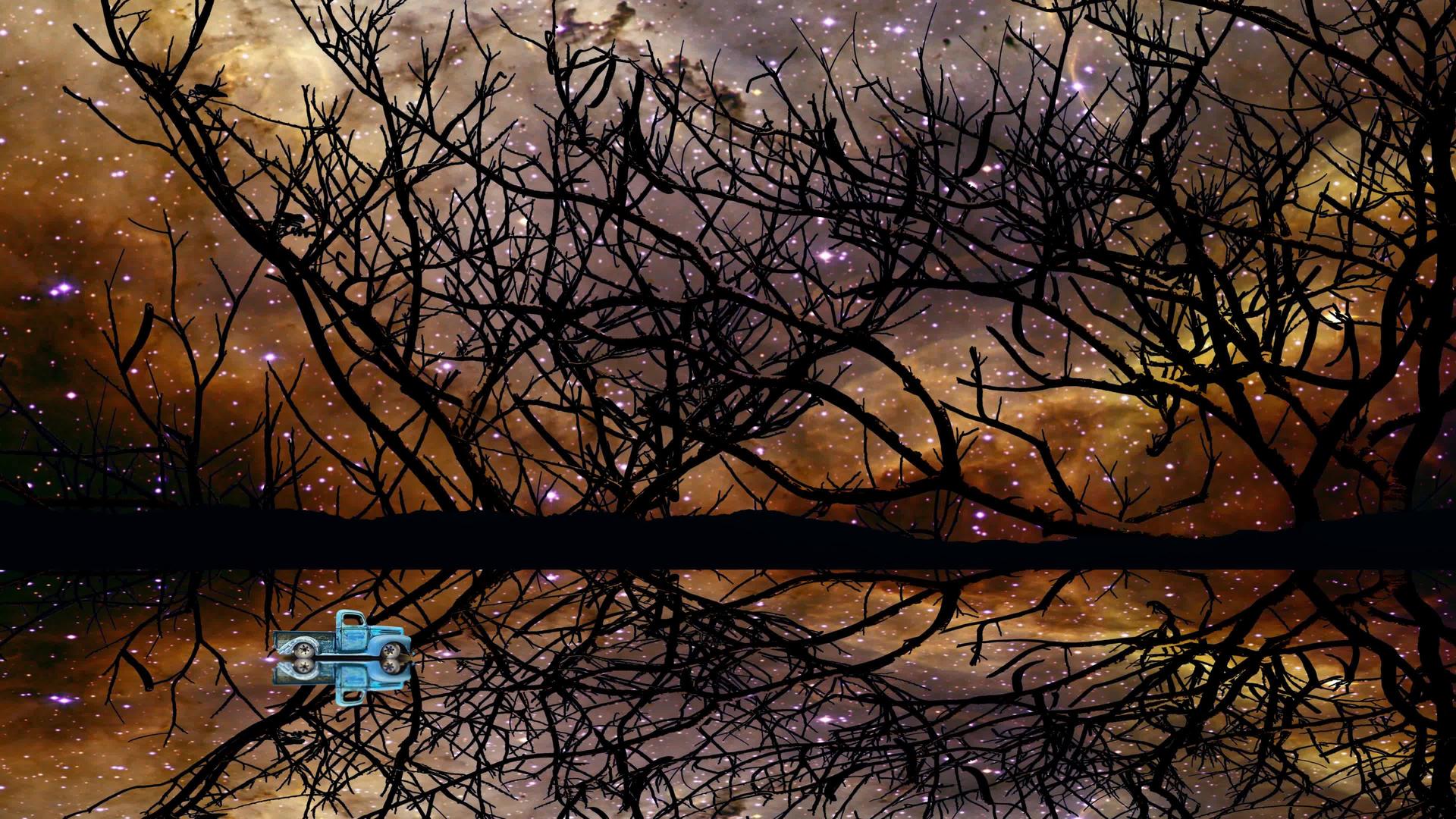 水镜和星云银河系在湖面上反射汽车视频的预览图