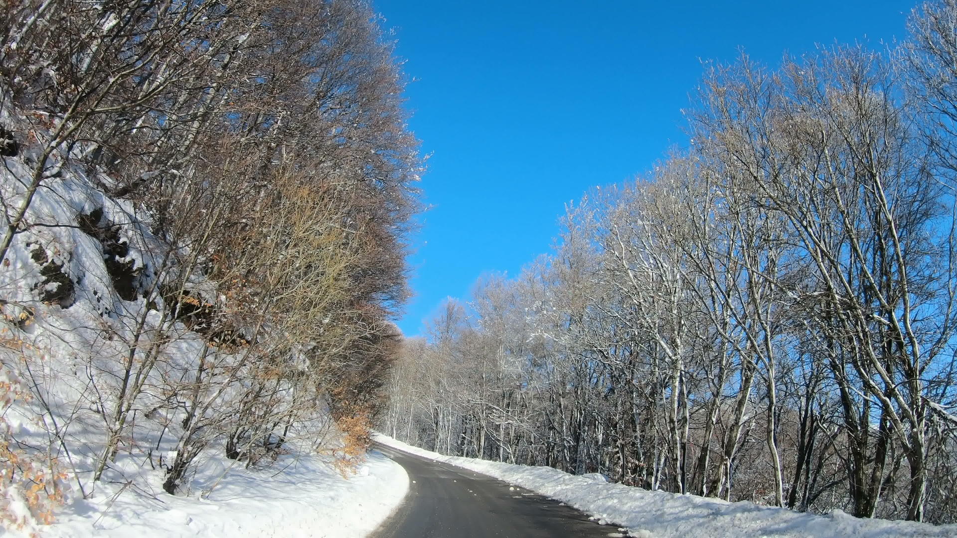 在高山路上行驶时树木和蓝天被雪覆盖视频的预览图