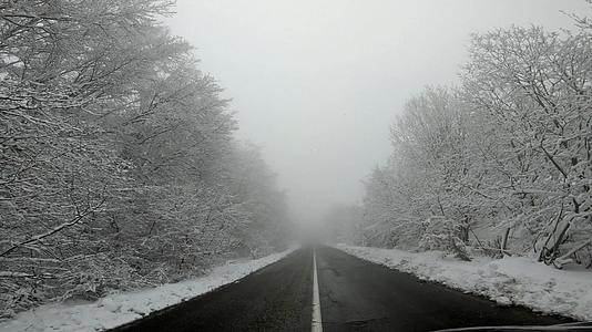 冬天的雾雪覆盖了沿路的树木在冬天的雾中驾驶着农村的山路视频的预览图