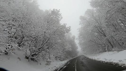 冬季雪路快速驾驶汽车小车厢风雾低可见度天气天气视频的预览图