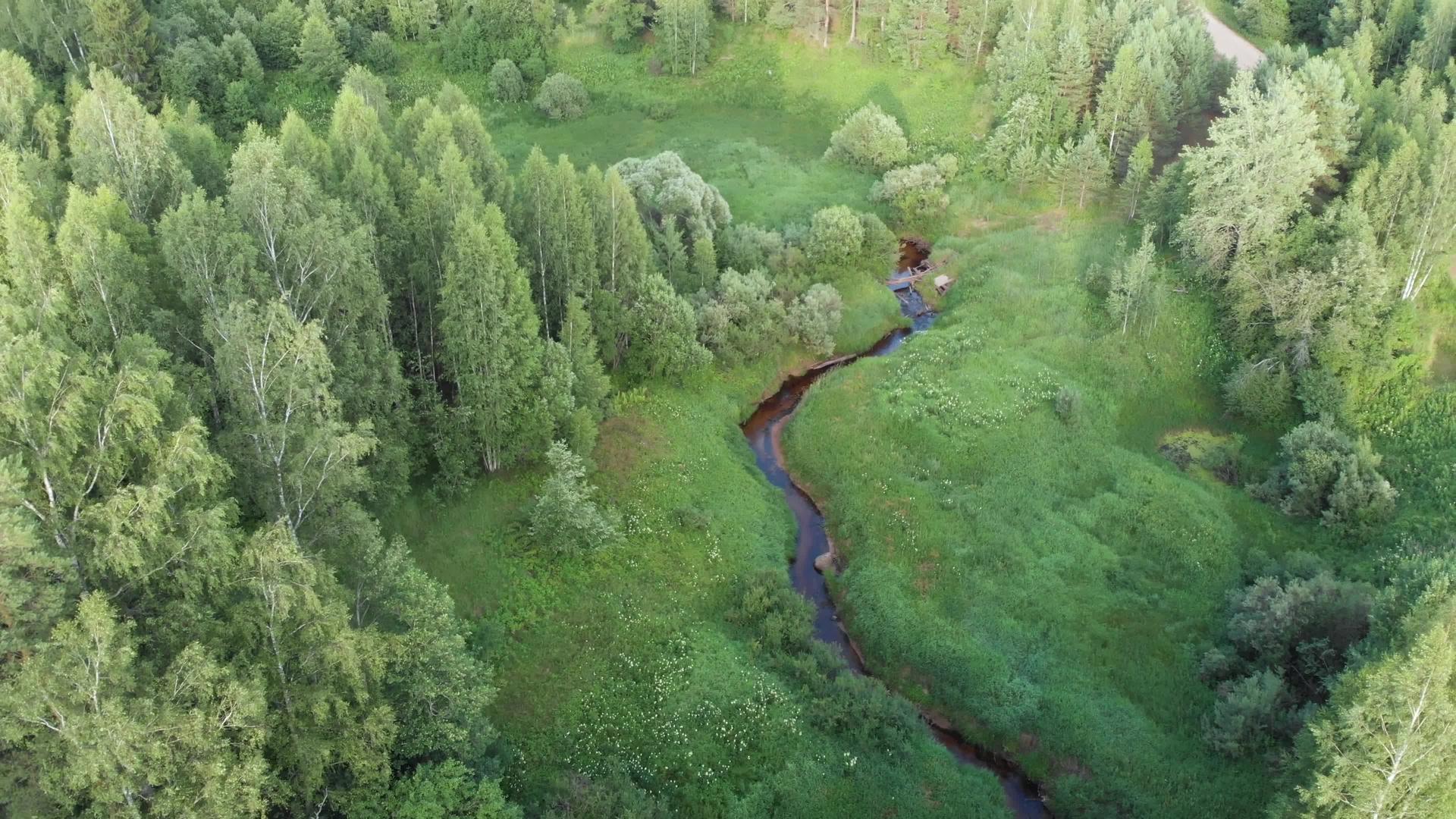 在绿色的山脉中狭窄的河流和青山环绕着小河流和草原视频的预览图