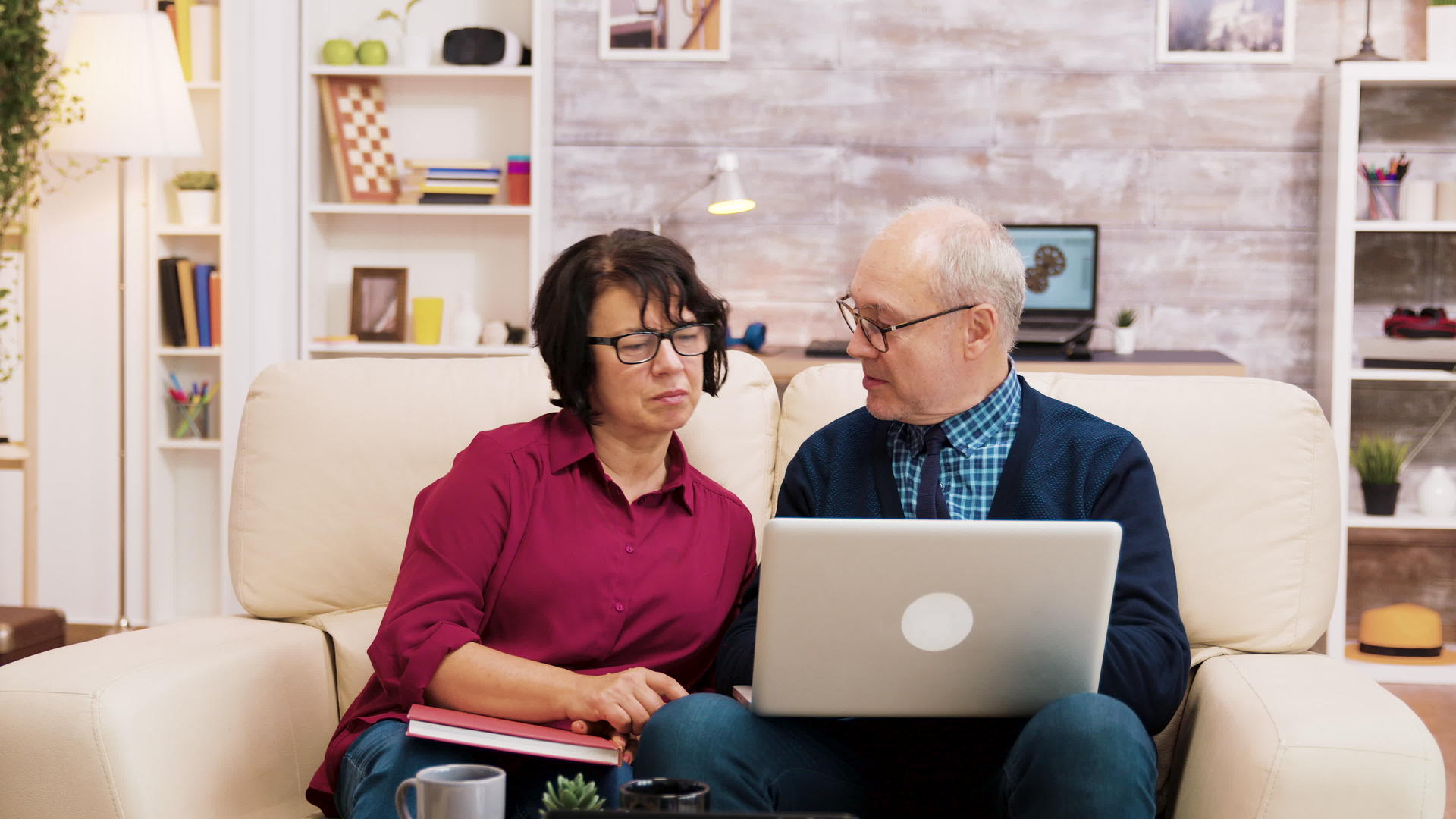 老夫妇坐在沙发上用笔记本电脑在线购物视频的预览图