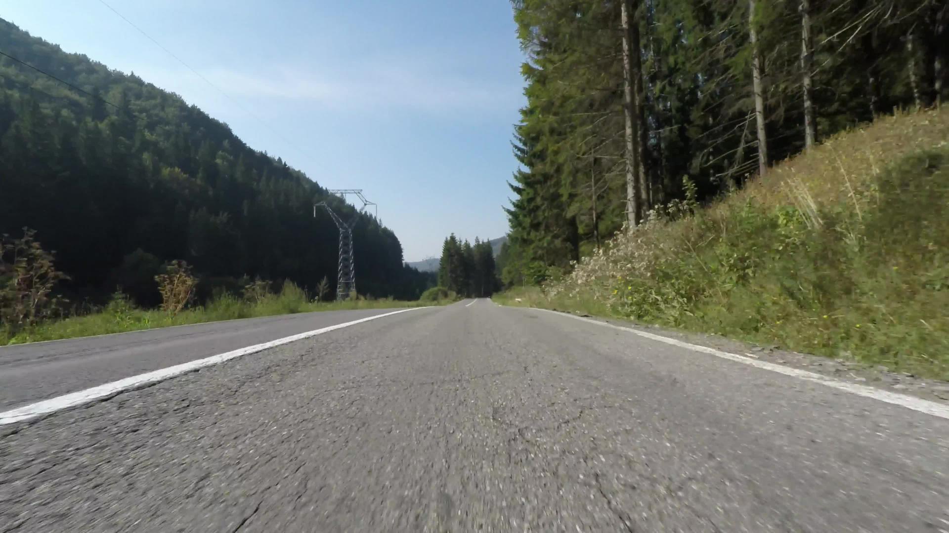 汽车上的高速前摄像头罗马喀尔巴阡山常青林中的道路视频的预览图