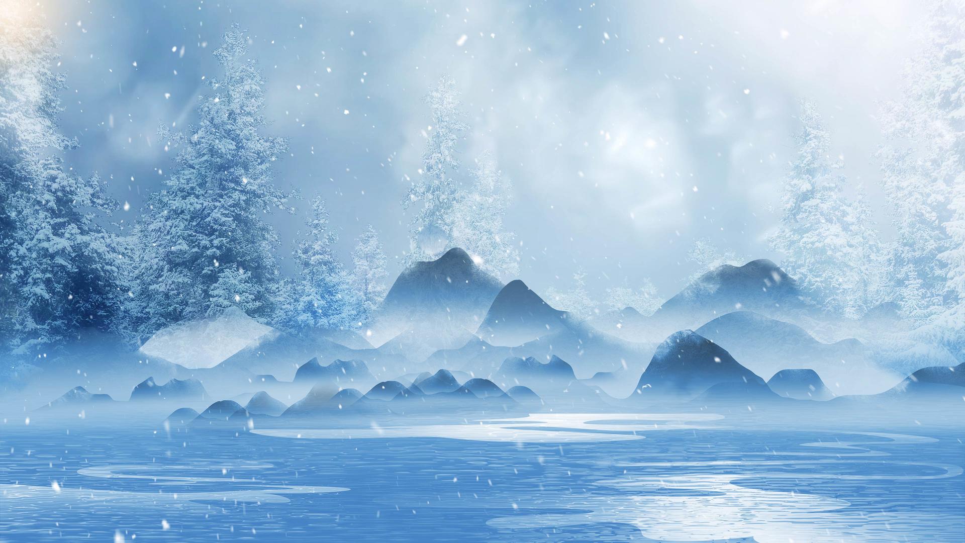 蓝色优雅森林远山冰冻霜雪花飘动小寒节气背景视频的预览图