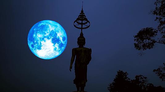 蓝色的丰收月在夜空和周光下飘扬视频的预览图