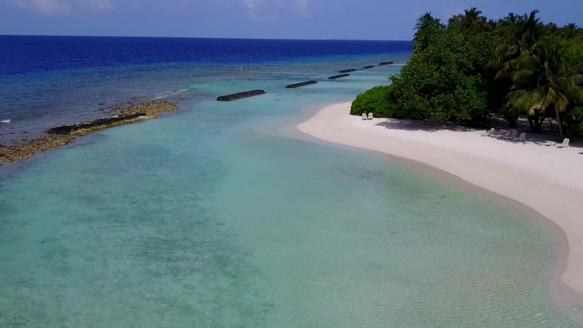 完美的旅游海滩野生生物以绿色环礁和白沙为背景视频的预览图