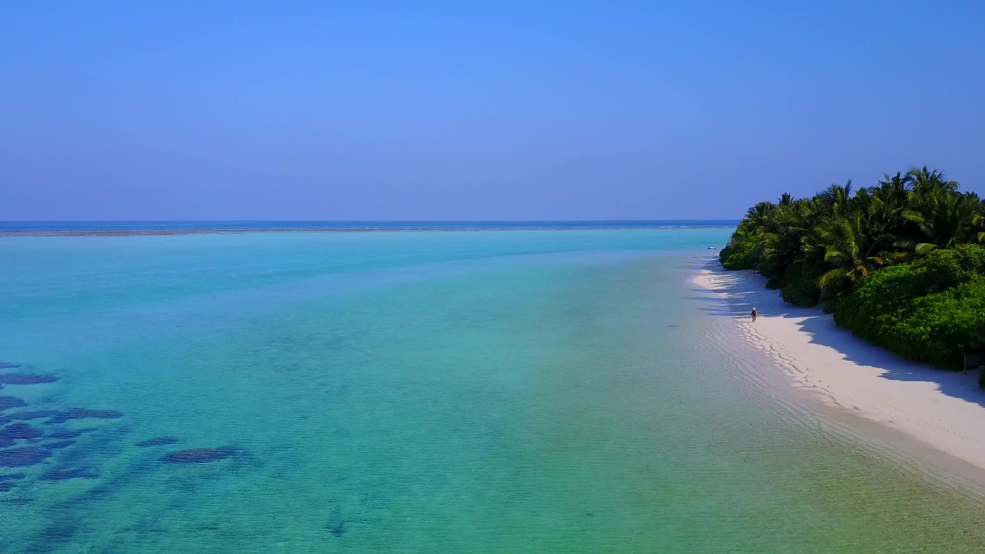 在蓝环礁湖和清洁沙滩的背景下在热带海岸海滩航行视频的预览图