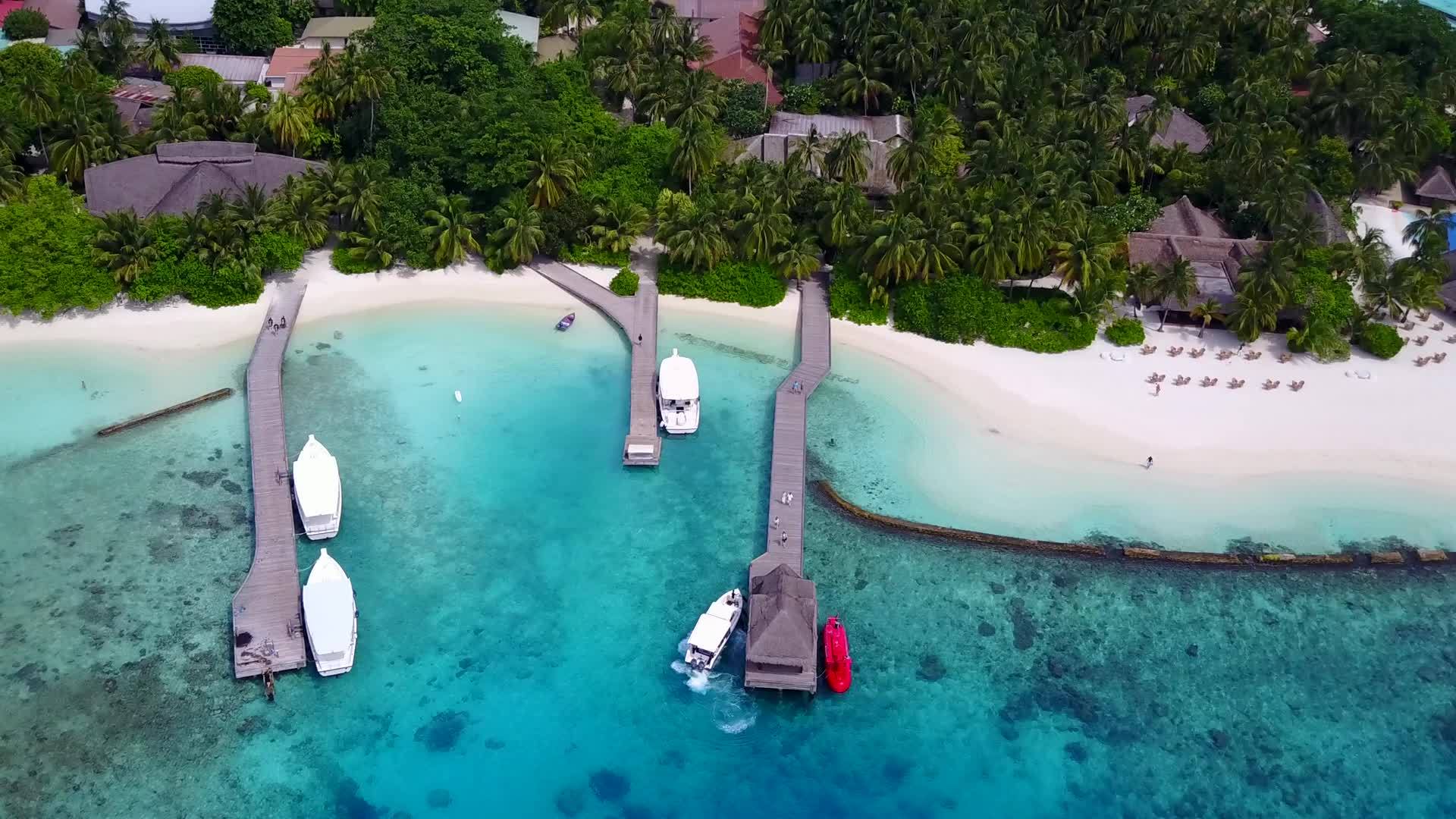 观赏热带环礁湖海滩的海景穿越蓝色海洋和干净的沙滩视频的预览图