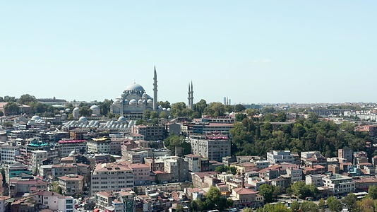 在伊斯坦布尔的一座小山上美丽的清真寺在晴朗的蓝天和海鸥视频的预览图