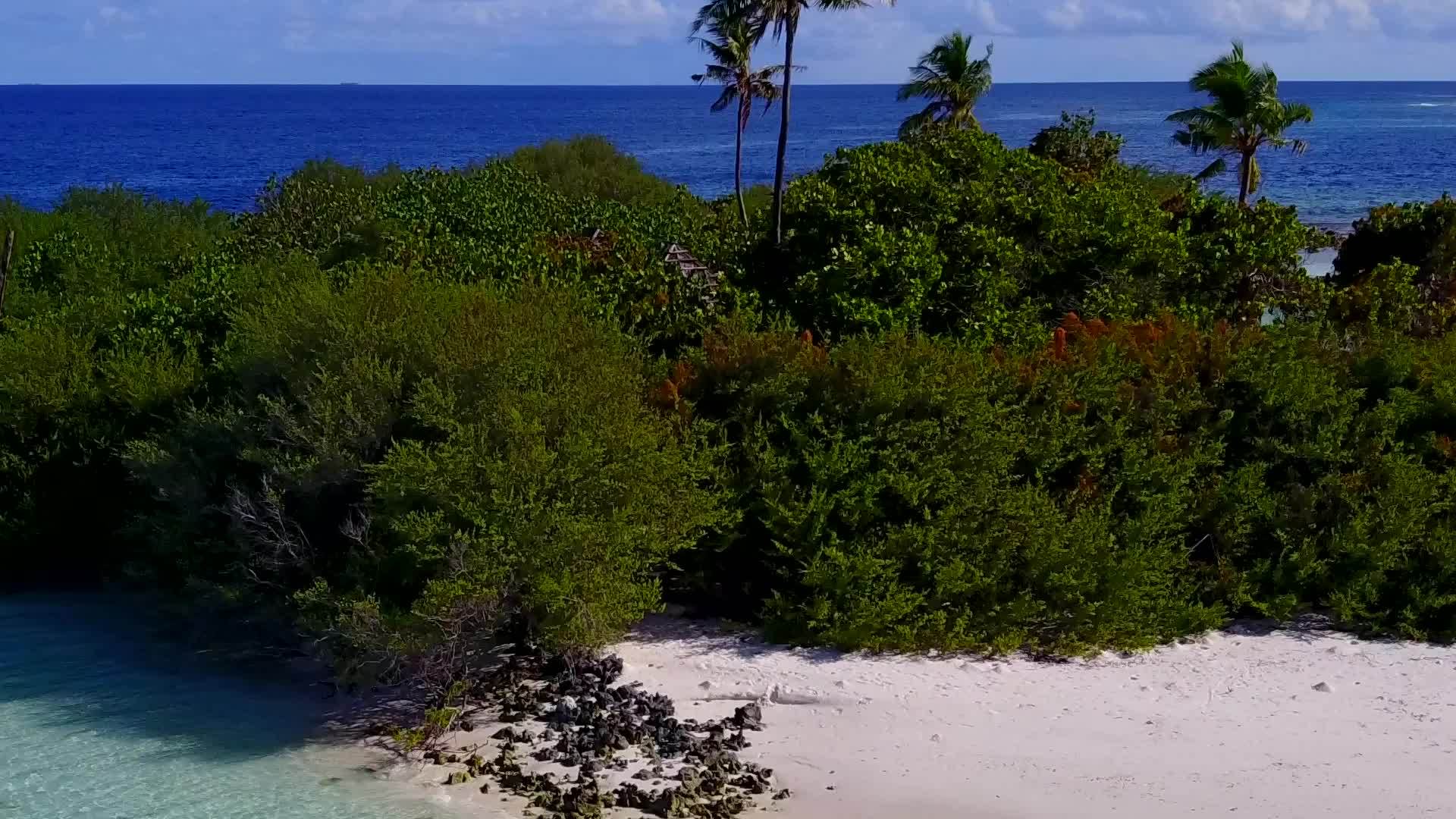 在海蓝环礁和白色海滩的背景下空中无人飞机面对奇怪的岛屿视频的预览图