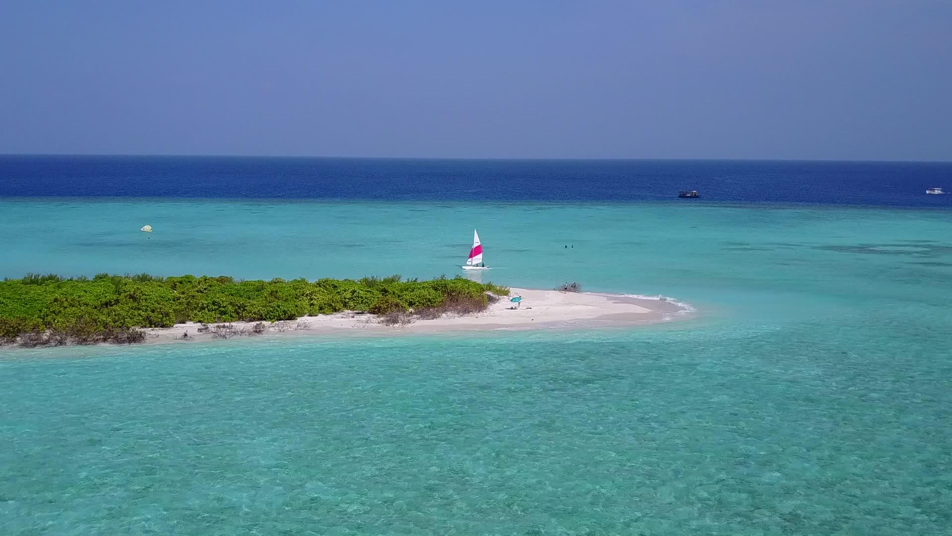蓝绿环礁湖和浅沙背景的宁静岛海滩野生动物在空中无人驾驶视频的预览图