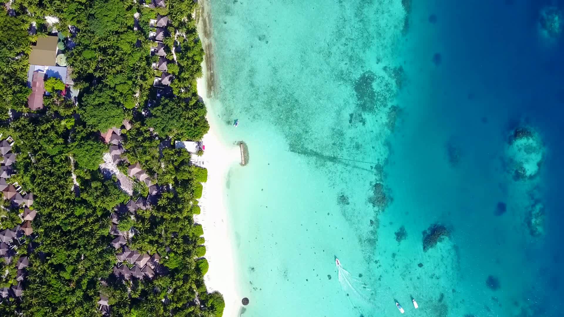 在清水和明亮的蓝色沙滩的背景下观察海滩时间的宁静空中无人驾驶视频的预览图