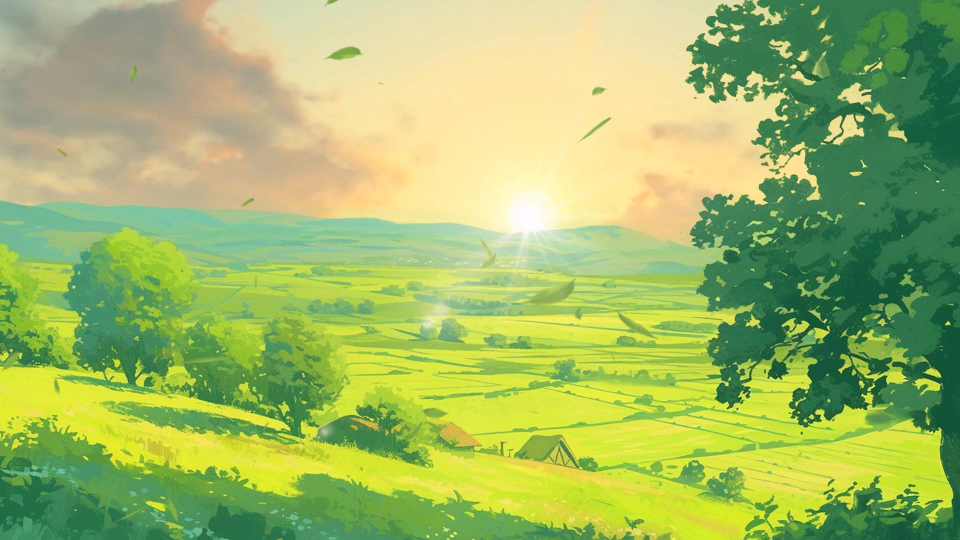 春季农田手绘风景优美的卡通风景视频的预览图