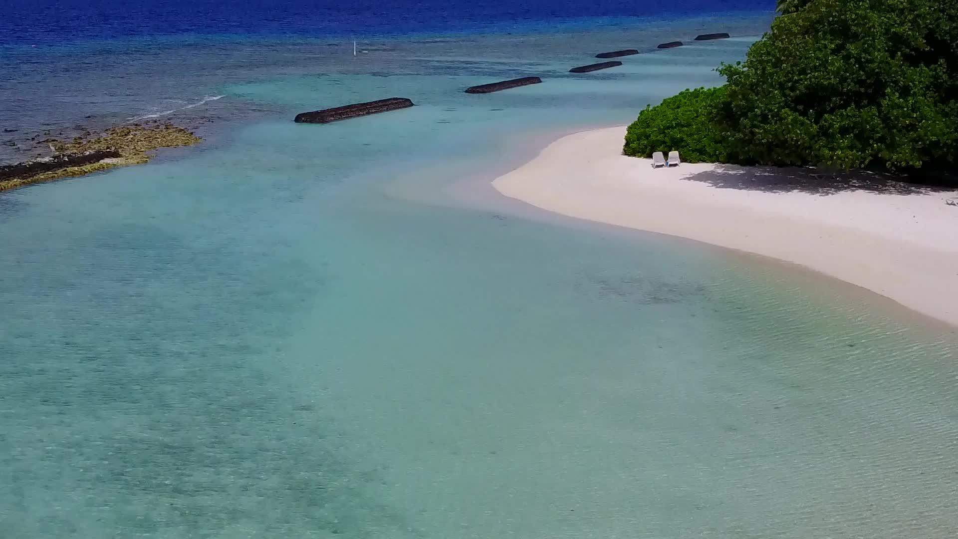 豪华海岸海滩野生动物的蓝海和白沙背景在空中全景视频的预览图