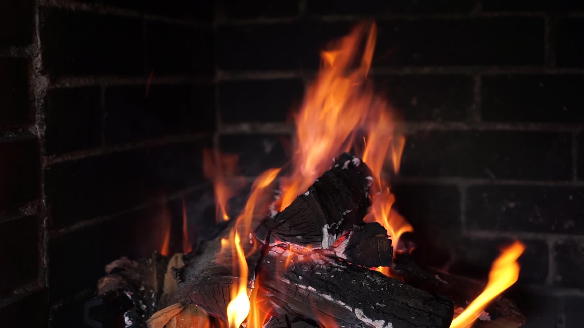 在砖壁炉中燃烧的橡木柴被稳定地锁在平坦的背景下视频的预览图