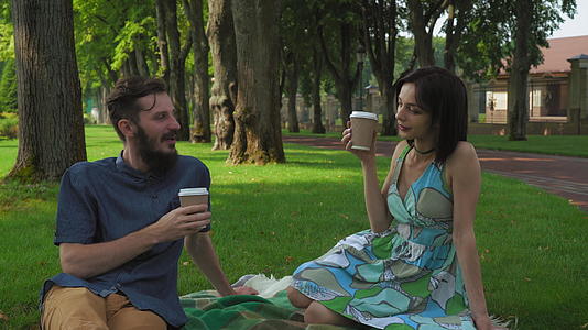 一名年轻男女在公园里聚会和野餐他们坐在草坪上聊天视频的预览图