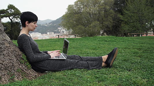 年轻的女人坐在树下用笔记本电脑视频的预览图