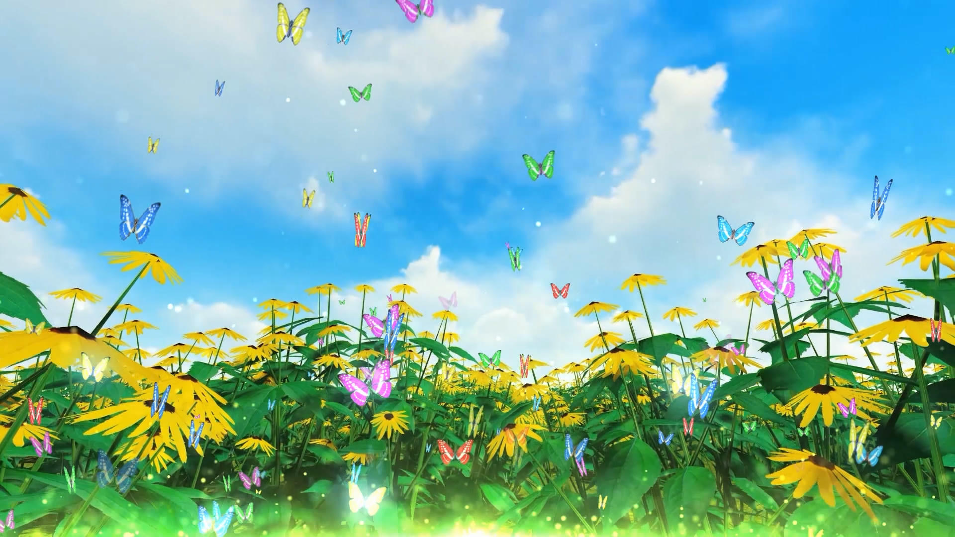 蓝天白云花朵蝴蝶飞舞唯美动态背景合成视频素材视频的预览图