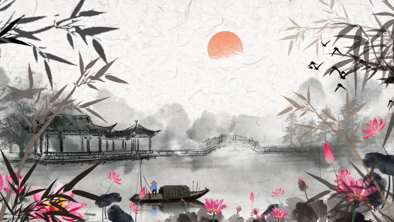 水墨中国风古亭竹叶飘荡背景视频的预览图