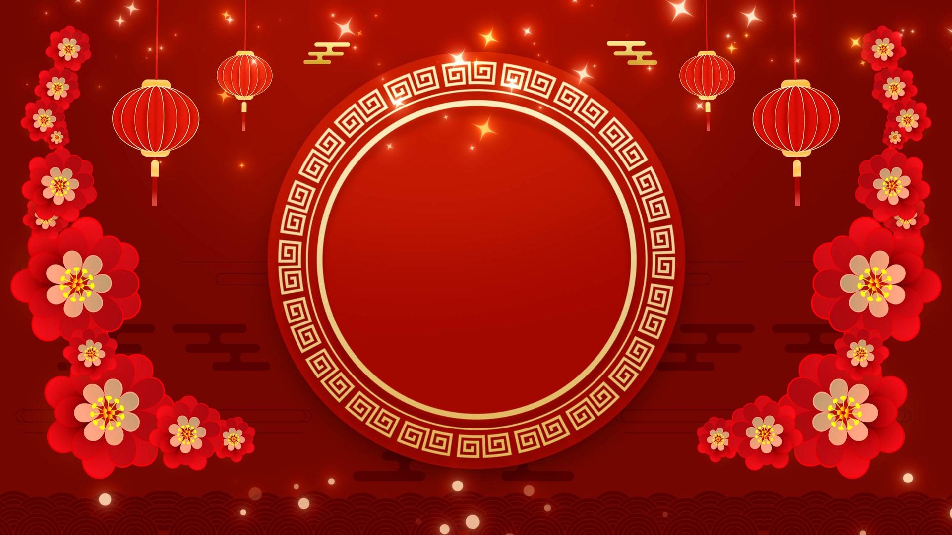 红喜庆灯笼环环祥云花朵耀斑粒子新年元旦背景视频的预览图