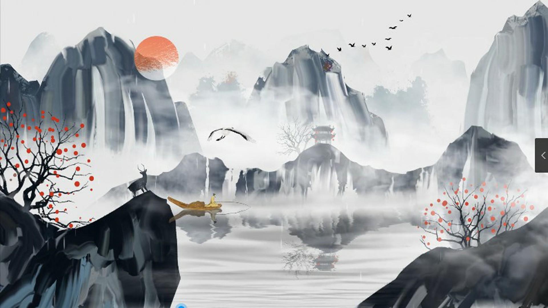 中国风水墨下雨钓鱼背景视频的预览图