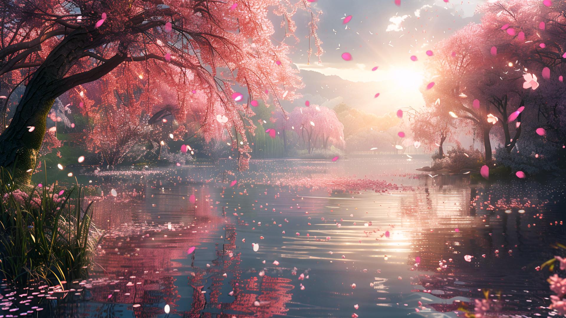 AIGC乡村池塘粉红色大树背景视频视频的预览图