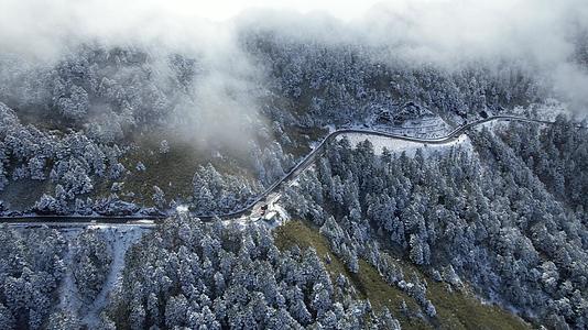 4K震撼冬季公路森林雪景航拍视频视频的预览图