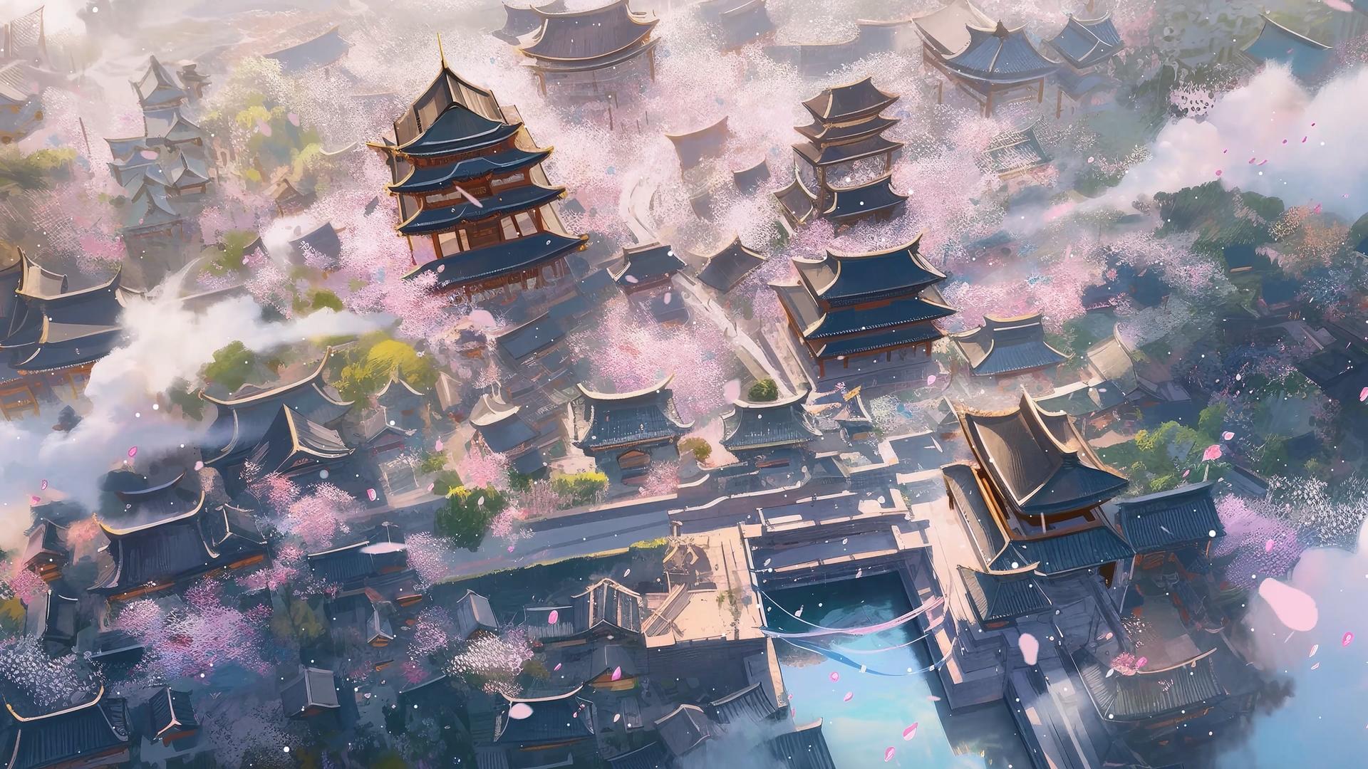 春季小镇鸟瞰图中国古风建筑背景视频视频的预览图