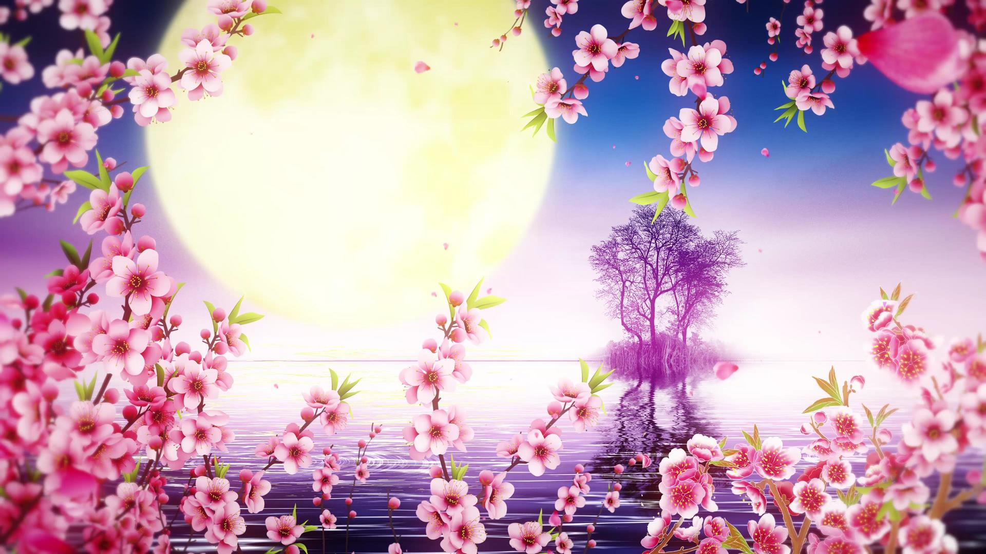 4K美丽浪漫的樱花树仙境月色背景视频视频视频的预览图