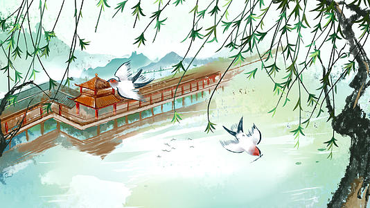 杨柳山水小亭飞鸟古风插画背景视频的预览图
