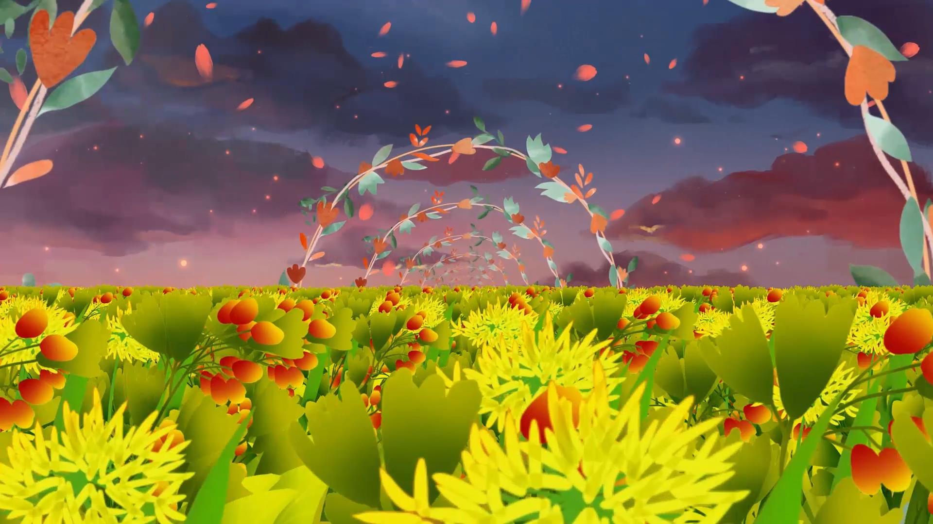 唯美花海动态花环穿梭花瓣飘落背景视频素材视频的预览图