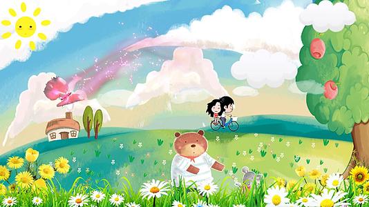 卡通儿童节情侣草原旅行图视频的预览图