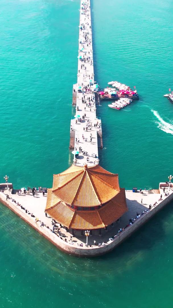 航拍青岛市南栈桥回澜阁旅游海岸帆船视频的预览图