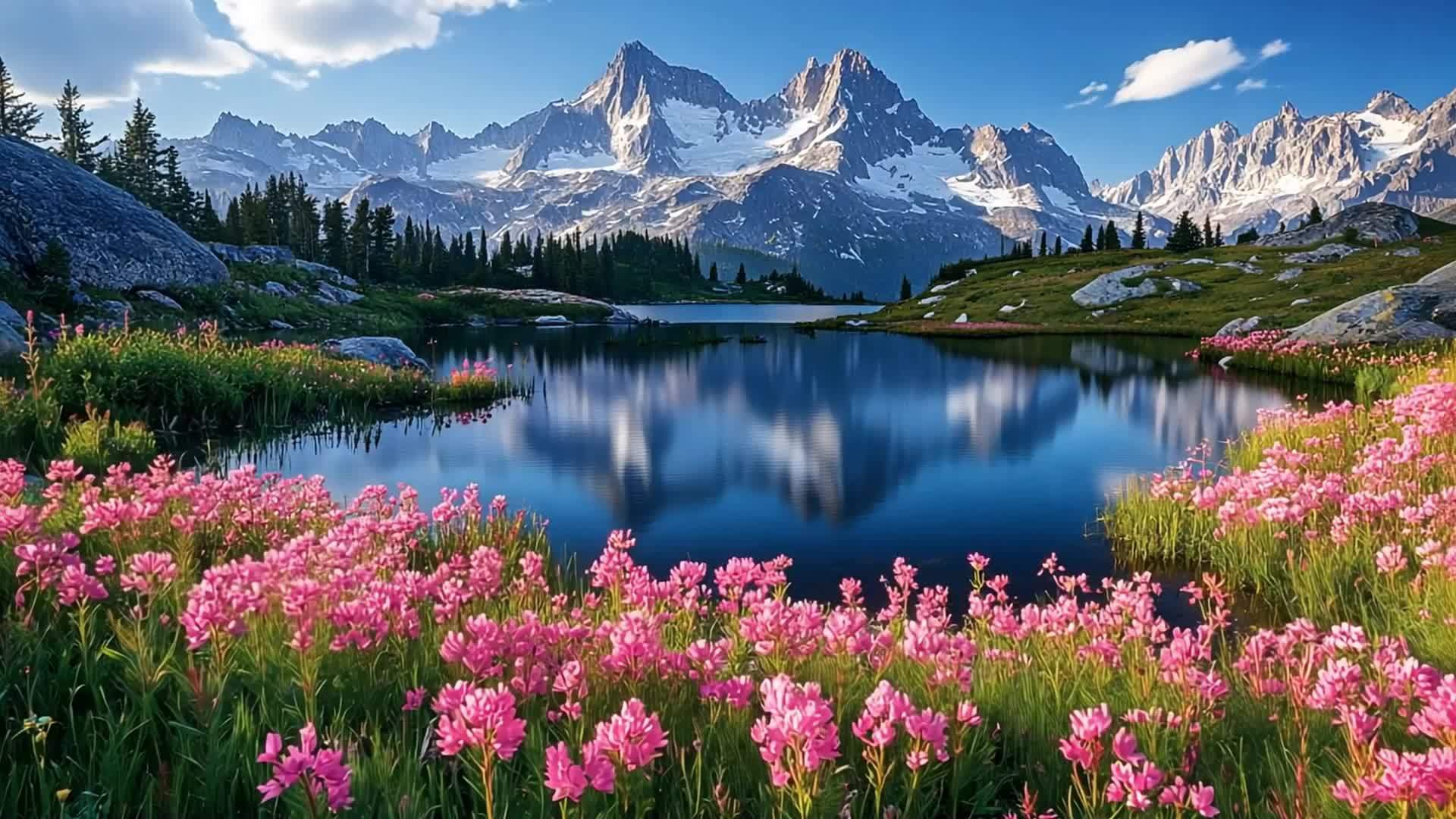 雪山湖中的自然风光鲜花环绕视频的预览图