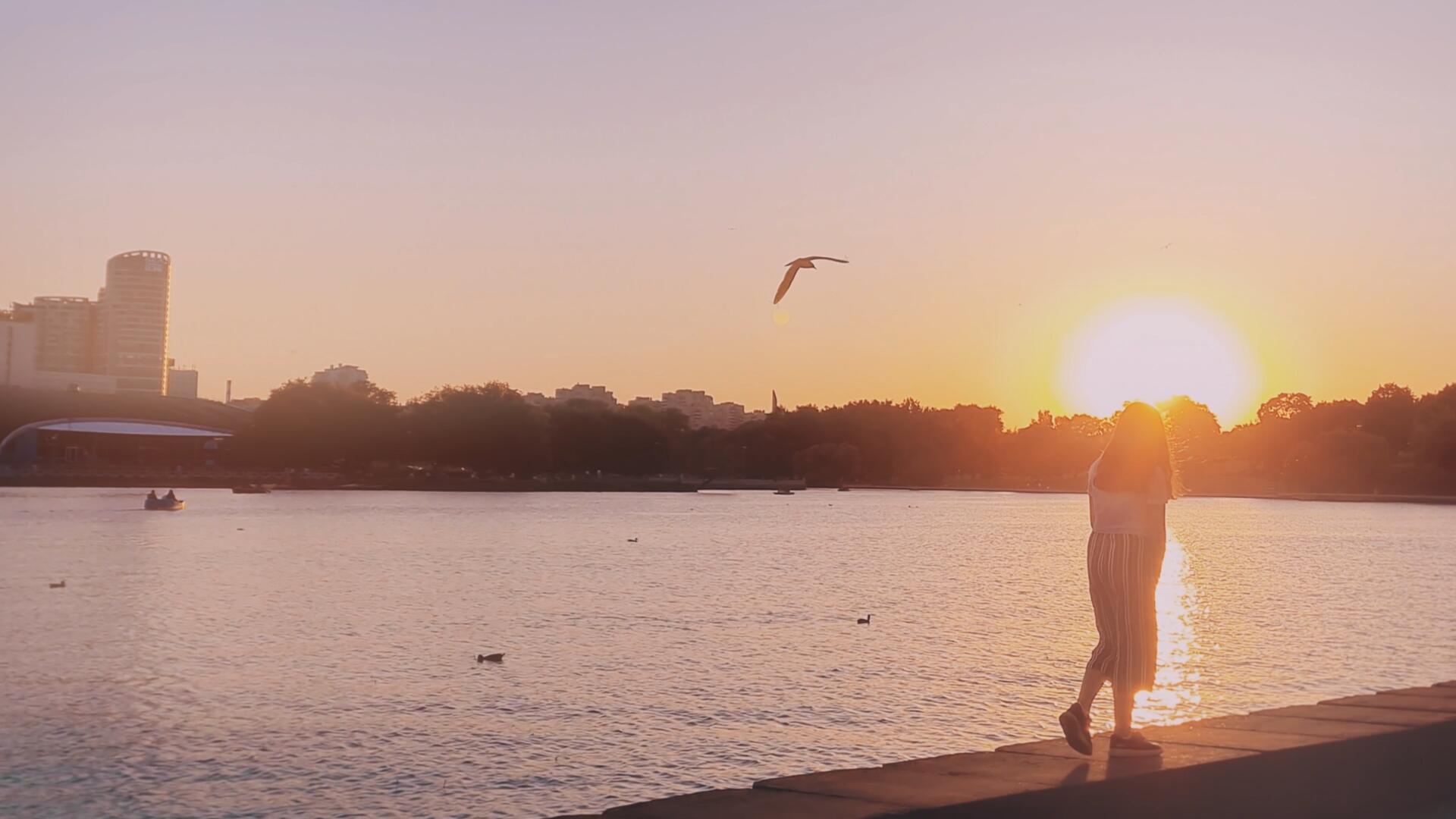 黄昏夕阳下河堤漫步的人视频的预览图
