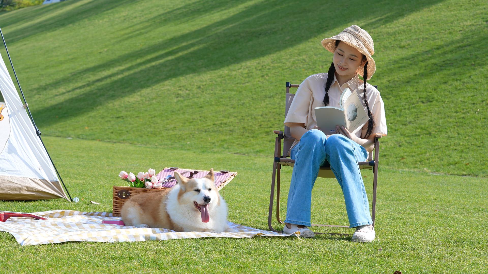 小姑娘和狗在户外郊游看书视频的预览图