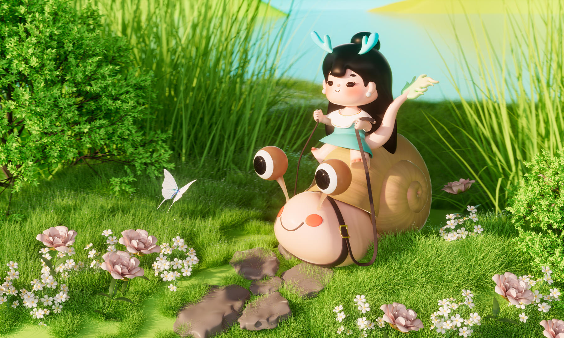 c4d立体小女孩骑着蜗牛在草丛中漫步视频的预览图